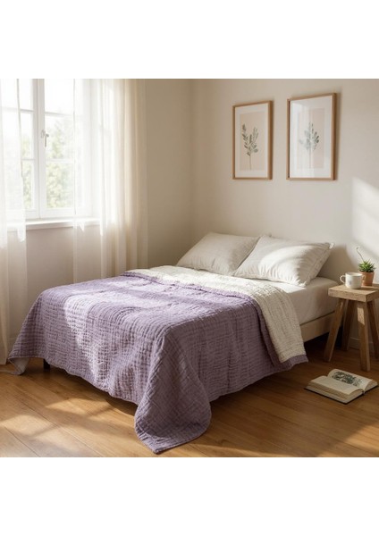 HB&Victory Müslin Yatak Örtüsü %100 Pamuk Lila Renk Çift Kişilik 240X230 Cm.