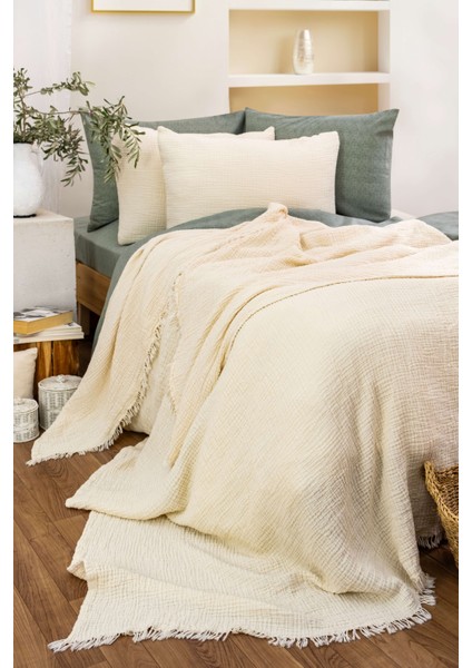 HB&Victory Müslin Yatak Örtüsü %100 Pamuk Krem Renk Çift Kişilik 240X230 Cm.