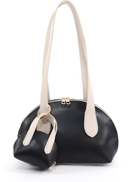 Siyah/krem SHK232 Suni Deri Tek Bölmeli Charm Mini Çanta Aksesuarlı El, Kol ve Omuz Çantası