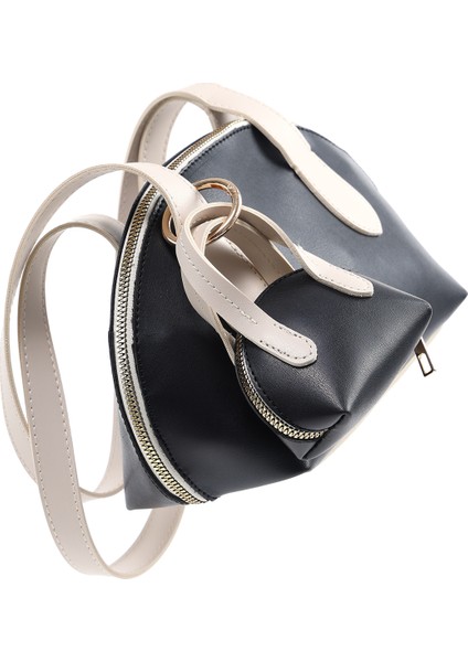 Siyah/krem SHK232 Suni Deri Tek Bölmeli Charm Mini Çanta Aksesuarlı El, Kol ve Omuz Çantası