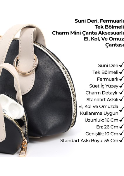 Siyah/krem SHK232 Suni Deri Tek Bölmeli Charm Mini Çanta Aksesuarlı El, Kol ve Omuz Çantası