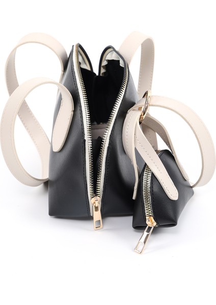 Siyah/krem SHK232 Suni Deri Tek Bölmeli Charm Mini Çanta Aksesuarlı El, Kol ve Omuz Çantası
