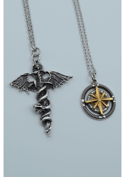 2'li Kılıç Yarasa Yılan Pusula Kutup Yıldızı Gümüş Kaplama Kolye Seti