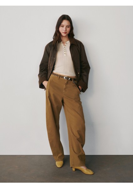 Kadın Kahverengi Mid Rise Twill Barrel Pantolon fiyatları
