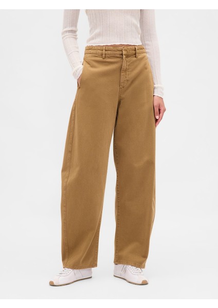 Kadın Kahverengi Mid Rise Twill Barrel Pantolon