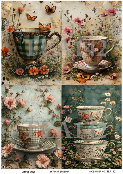 Çay Partisi Serisi TEA142 Fincan, Çiçek Desenli 29*42 cm Pirinç Dekopaj