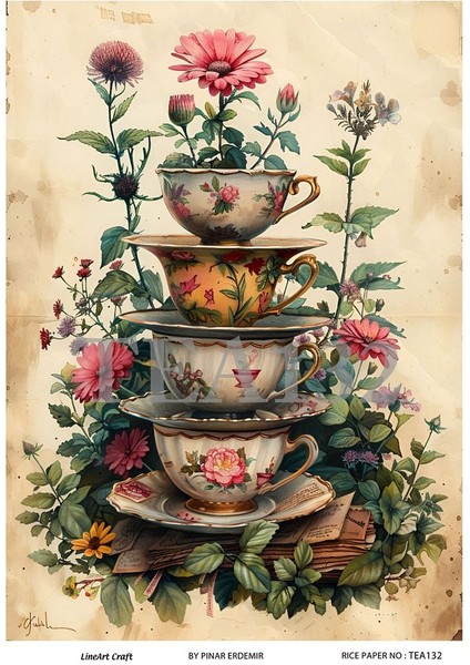 Çay Partisi Serisi TEA132 Çiçek, Fincan Desenli 29*42 cm Pirinç Dekopaj