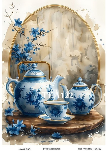 Çay Partisi Serisi TEA122 Mavi Beyaz, Fincan, Çiçek Desenli 29*42 cm Pirinç Dekopaj