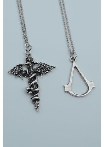 2'li Yarasa Yılan Kılıç Anubis Ölüm Ve Ceza Tanrısı Gümüş Kaplama Kolye Seti