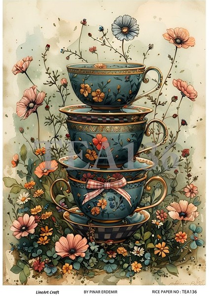 Çay Partisi Serisi TEA136 Çiçek, Fincan Desenli 29*42 cm Pirinç Dekopaj