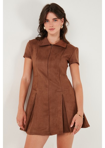 Regular Fit Fermuarlı Polo Yaka Kısa Kollu Pileli Süet Elbise Bayan Elbise 5866438 modelleri
