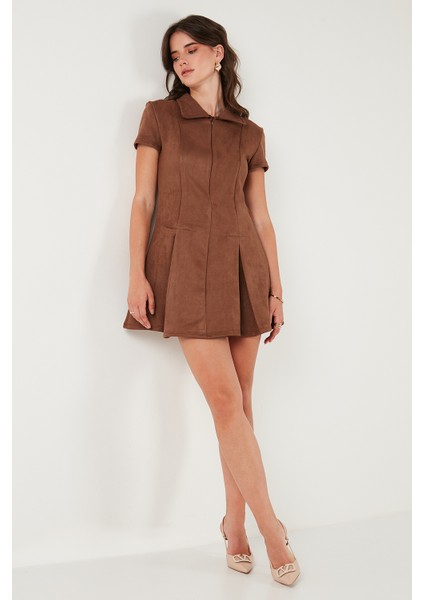 Regular Fit Fermuarlı Polo Yaka Kısa Kollu Pileli Süet Elbise Bayan Elbise 5866438 fırsatları