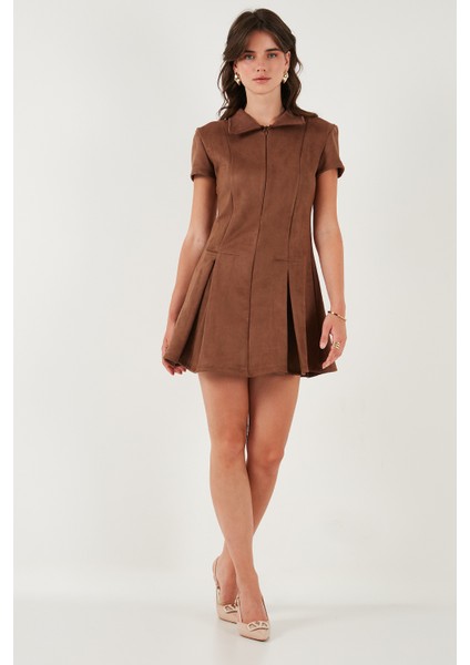 Regular Fit Fermuarlı Polo Yaka Kısa Kollu Pileli Süet Elbise Bayan Elbise 5866438 indirimleri