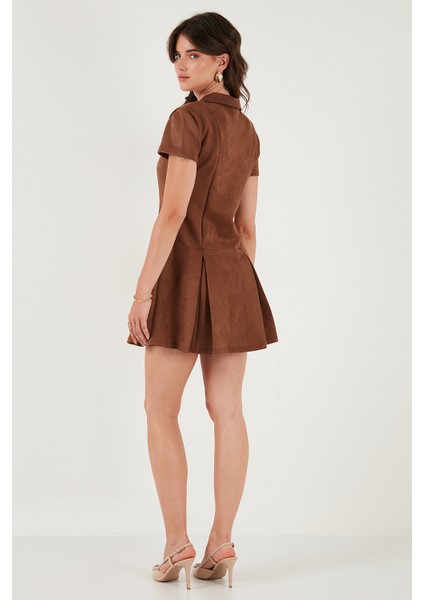 Regular Fit Fermuarlı Polo Yaka Kısa Kollu Pileli Süet Elbise Bayan Elbise 5866438