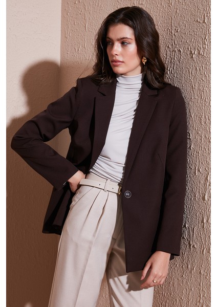 Standart Fit Mono Yaka Desenli Astar Detaylı Blazer Ceket Bayan Ceket 6524003