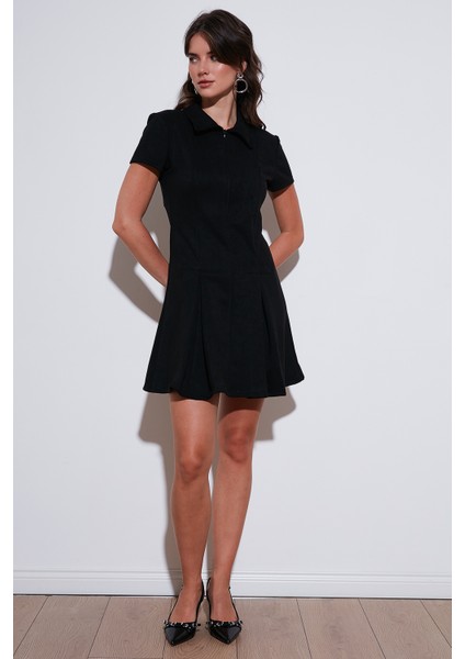 Regular Fit Fermuarlı Polo Yaka Kısa Kollu Pileli Süet Elbise Bayan Elbise 5866438