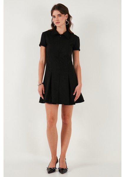Regular Fit Fermuarlı Polo Yaka Kısa Kollu Pileli Süet Elbise Bayan Elbise 5866438 fiyatları