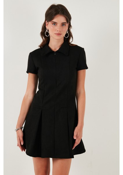 Regular Fit Fermuarlı Polo Yaka Kısa Kollu Pileli Süet Elbise Bayan Elbise 5866438 modelleri