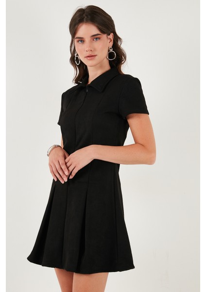 Regular Fit Fermuarlı Polo Yaka Kısa Kollu Pileli Süet Elbise Bayan Elbise 5866438 fırsatları