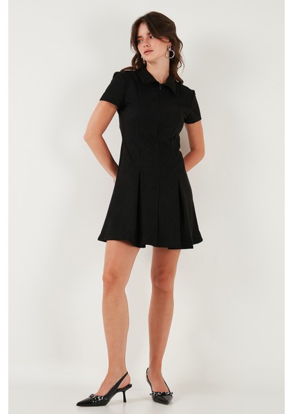 Regular Fit Fermuarlı Polo Yaka Kısa Kollu Pileli Süet Elbise Bayan Elbise 5866438 indirimleri