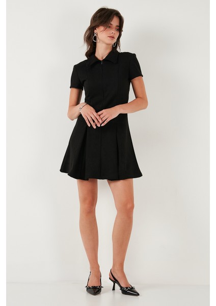 Regular Fit Fermuarlı Polo Yaka Kısa Kollu Pileli Süet Elbise Bayan Elbise 5866438
