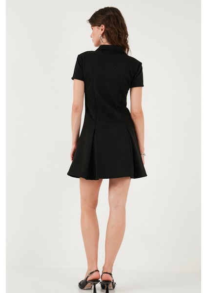 Regular Fit Fermuarlı Polo Yaka Kısa Kollu Pileli Süet Elbise Bayan Elbise 5866438