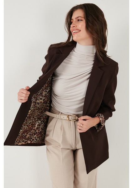 Standart Fit Mono Yaka Desenli Astar Detaylı Blazer Ceket Bayan Ceket 6524003 modelleri