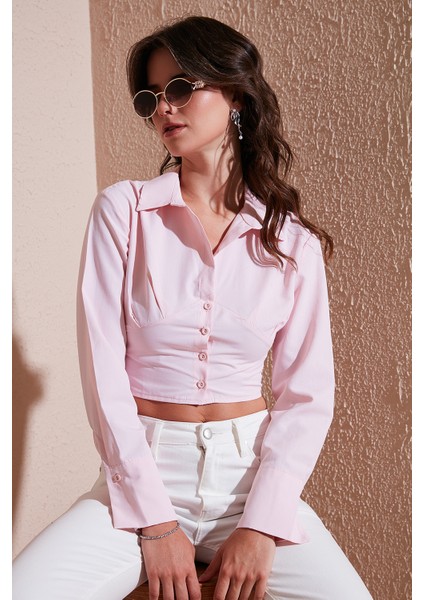Fitted Fit Pamuklu Korse Detaylı Uzun Kollu Crop Gömlek Bayan Gömlek 611GO00376
