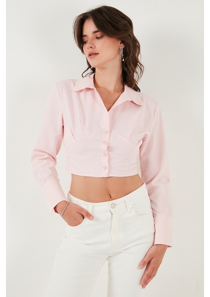 Fitted Fit Pamuklu Korse Detaylı Uzun Kollu Crop Gömlek Bayan Gömlek 611GO00376 fırsatları
