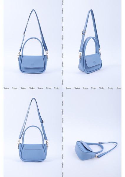 Mavi SHK198 Suni Deri ,tek Bölmeli, Çıtçıtlı Ayarlanabilir Askılı El, Kol ve Omuz Çantası