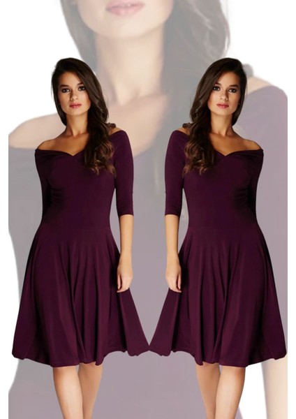 Kadın Bordo Omuz Dekolteli Elbise 13K020-L