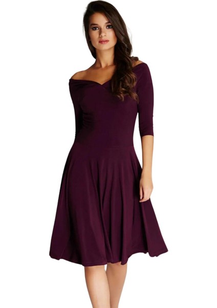 Kadın Bordo Omuz Dekolteli Elbise 13K020-L fiyatları