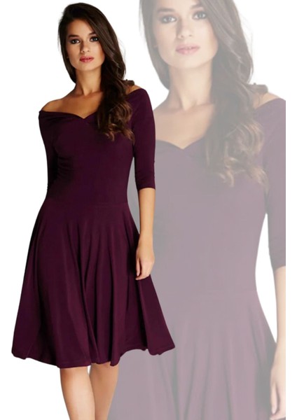 Kadın Bordo Omuz Dekolteli Elbise 13K020-L fırsatları