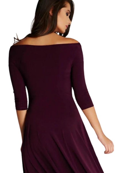 Kadın Bordo Omuz Dekolteli Elbise 13K020-L