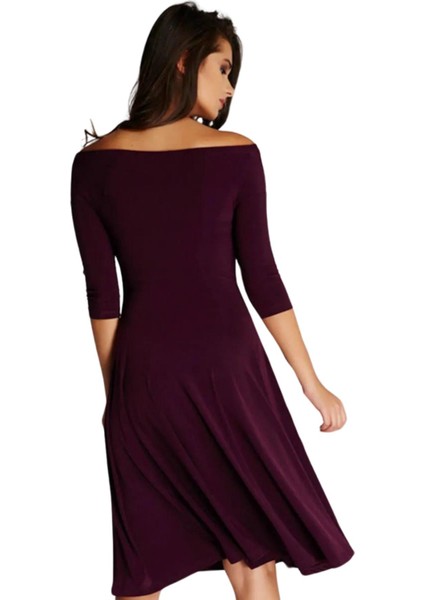 Kadın Bordo Omuz Dekolteli Elbise 13K020-L