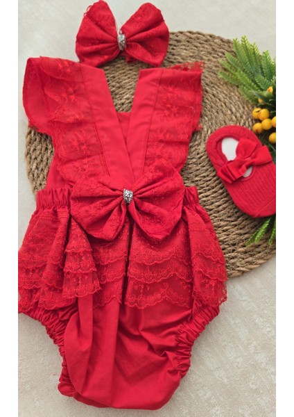 Kız Bebek Dantel Işlemeli Salopet Taş Detaylı Şık Babet Çorap ve Fiyonk Saç Bandı Seti Mevlit Elbise