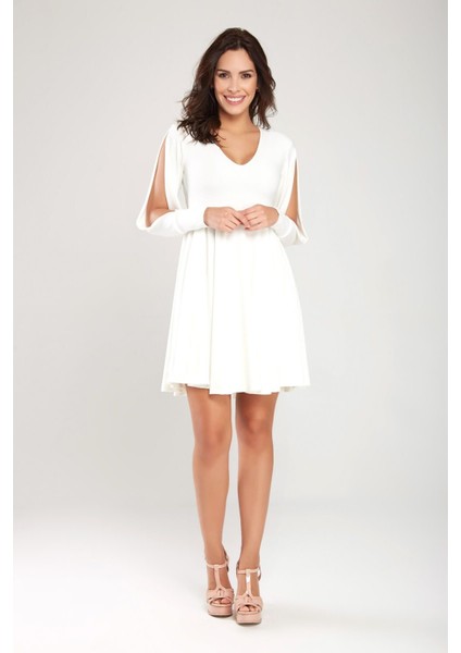 Kadın Ekru Yırtmaç Kol ve Yaka Detaylı Haraketli Etek Elbise 18L6354