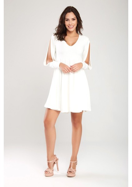 Kadın Ekru Yırtmaç Kol ve Yaka Detaylı Haraketli Etek Elbise 18L6354 fiyatları