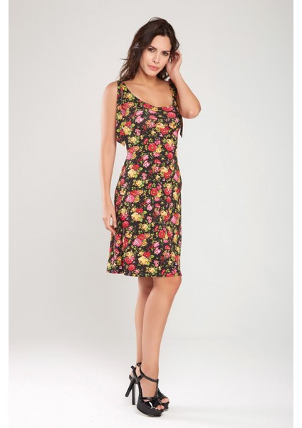 Kadın Desenli Omuzdan Bağlamalı Baskılı Viskon Elbise 18L6357