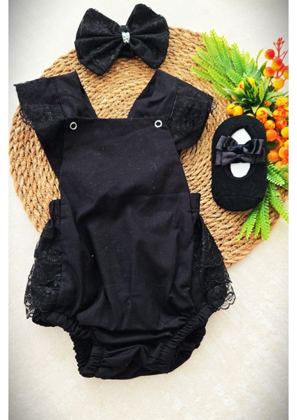 Kız Bebek Dantel Işlemeli Salopet Taş Detaylı Şık Babet Çorap ve Fiyonk Saç Bandı Seti Mevlit Elbise modelleri