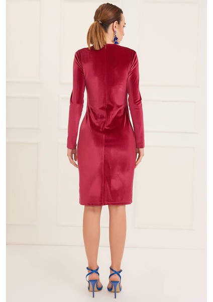 Kadın Fuşya Yaka Detaylı Kadife Elbise 19L6430 fiyatları