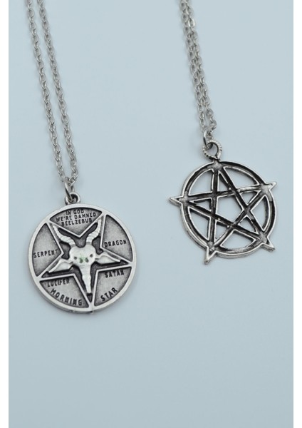 2'li Lucifer Morning Star Pentagram Wicca Gümüş Kaplama Kolye Seti