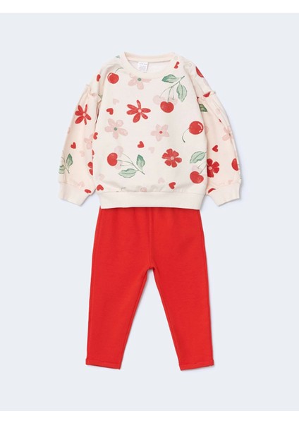 Lcw Baby Pembe Bisiklet Yaka Çiçekli Kız Bebek Sweatshirt ve Tayt 2'li