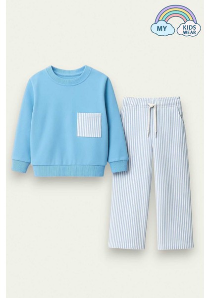 Kız Çocuk Sweatshirt ve Pantolon Takımı – Mavi Çizgili 2-10 Yaş 12015