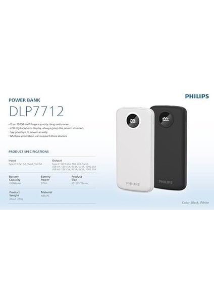 DLP7712 Powerbank 10000 Mah 3.7V Taşınabilir Şarj Cihazı, 3 Port, 22.5W Hızlı Şarj, Usb-C ve 2x Usb-A, Korumalı Şarj, (Siyah) fiyatları