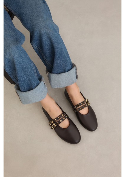 Acı Kahve Babet Zımbalı Çift Tokalı Kadın Babet | Günlük Rahat Düz Taban Mary Jane Ayakkabı Moda