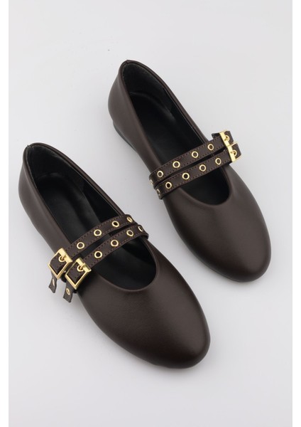 Acı Kahve Babet Zımbalı Çift Tokalı Kadın Babet | Günlük Rahat Düz Taban Mary Jane Ayakkabı Moda fiyatları