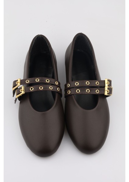 Acı Kahve Babet Zımbalı Çift Tokalı Kadın Babet | Günlük Rahat Düz Taban Mary Jane Ayakkabı Moda fırsatları