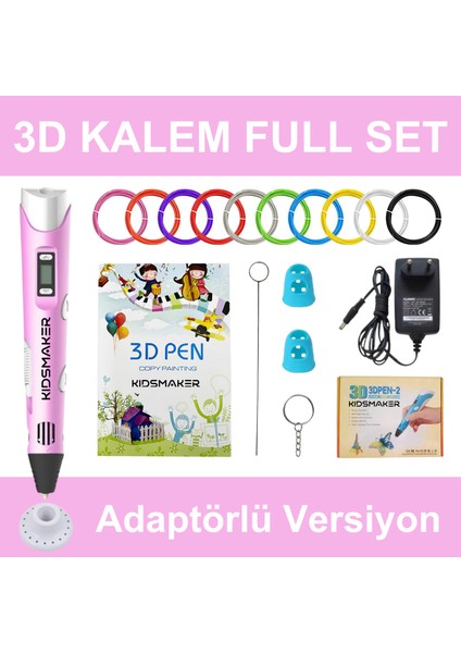 Pembe 3D Kalem Full Set-Adaptörlü-Şablon Kitabı-Filament-Temizleme Çubuğu-Parmak Koruyucu-Anahtarlık