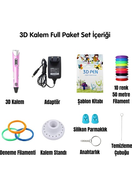Pembe 3D Kalem Full Set-Adaptörlü-Şablon Kitabı-Filament-Temizleme Çubuğu-Parmak Koruyucu-Anahtarlık fiyatları